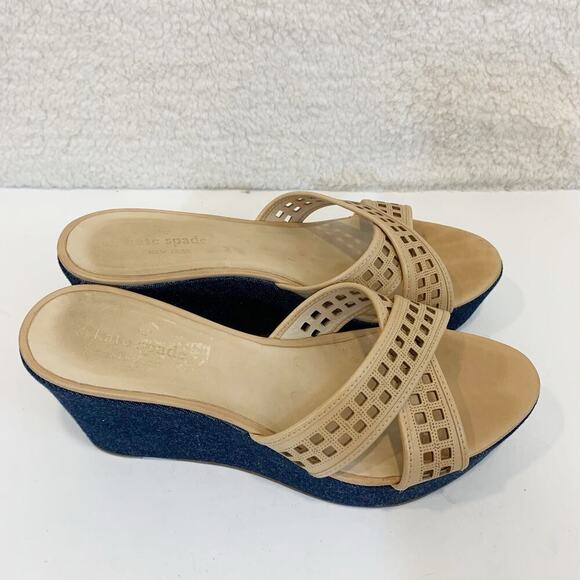 Kate Spade Wedge Sandals 8.5 M Meredith Denim and Tan Vacation Weekend Luxury - Picture 4 of 7